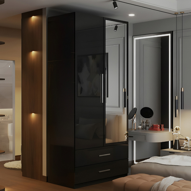 M N Furniture Glossera 2 Door 2 Drawer Black High Gloss Mirrored Wardrobe 80cm - image 1