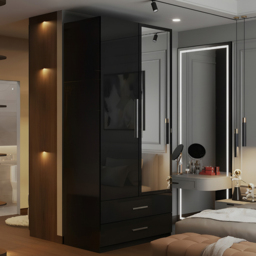 M N Furniture Glossera 2 Door 2 Drawer Black High Gloss Mirrored Wardrobe 80cm