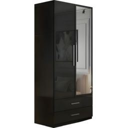 M N Furniture Glossera 2 Door 2 Drawer Black High Gloss Mirrored Wardrobe 80cm - thumbnail 2