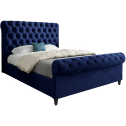 Sienna Small Double Blue Soft Velvet Upholstered Sleigh Bed Frame with Scrolled Headboard - thumbnail 2