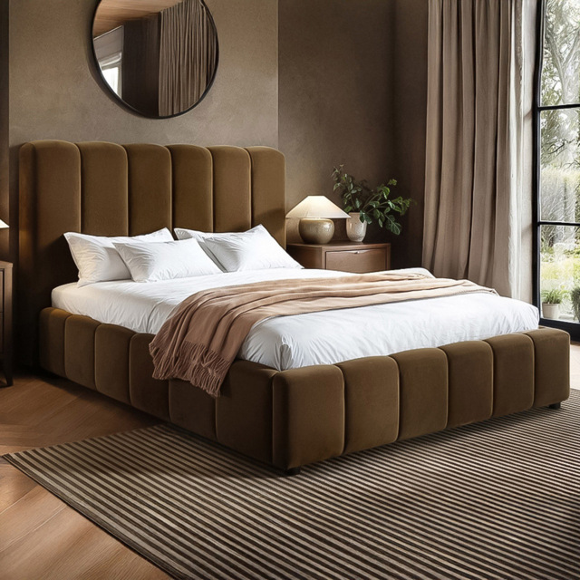 SOLACE+CO Emilie Brown King Size Velvet Ribbed Ottoman Bed - image 1