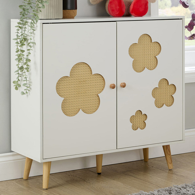 Home Source Daisy White 2 Door Cut Out Rattan Insert Kids Storage Cabinet - image 1