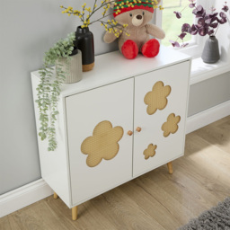 Home Source Daisy White 2 Door Cut Out Rattan Insert Kids Storage Cabinet - thumbnail 3