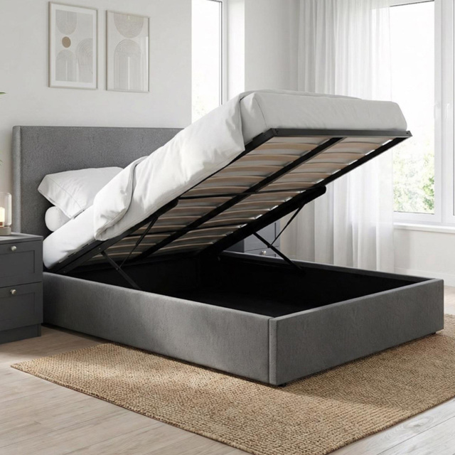 FWStyle Rufford Grey Fossil King Size Front Lift Ottoman Bed Frame with Padded Headboard