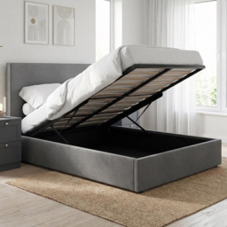 FWStyle Rufford Grey Fossil King Size Front Lift Ottoman Bed Frame with Padded Headboard