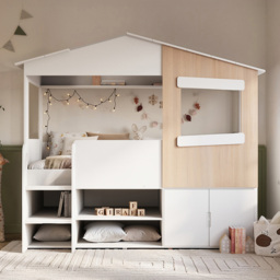 Flair Dreamland White and Oak Play House Bed Frame with Storage