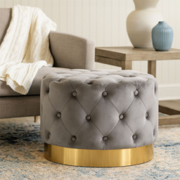 Premier Housewares Loretta Grey Velvet Stool with Matte Gold Metal Base - thumbnail 3