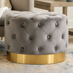 Premier Housewares Loretta Grey Velvet Stool with Matte Gold Metal Base