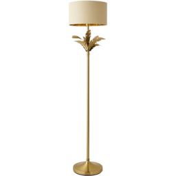 ValueLights Christina Metallic Gold Inner Beige Drum Shade Gold Palm Leaf LED Floor Lamp