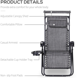 Outsunny Grey Zero Gravity Foldable Garden Recliner Chair with Canopy - thumbnail 4