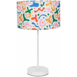 ValueLights Charlie White Table Lamp with Abstract Print Shade and Bulb