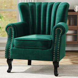 Living and Home Vintage Green Velvet Wingback Armchair with Studs