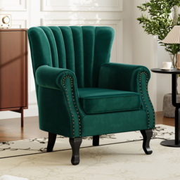 Living and Home Vintage Green Velvet Wingback Armchair with Studs - thumbnail 3