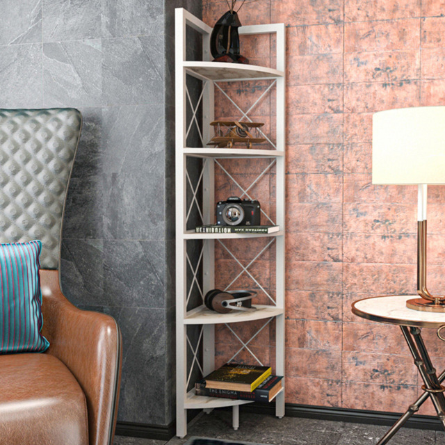 Decorotika Remo 5 Tier White Corner Bookshelf with Metal Frame - image 1