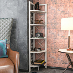Decorotika Remo 5 Tier White Corner Bookshelf with Metal Frame - thumbnail 1