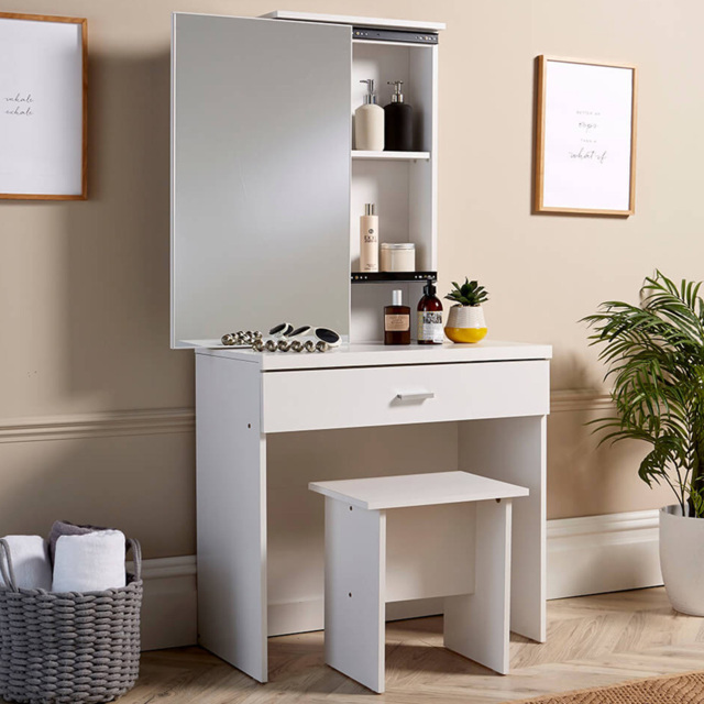 Home Source White Berlin Single Drawer Sliding Vanity Mirror Dressing Table with Stool - image 1