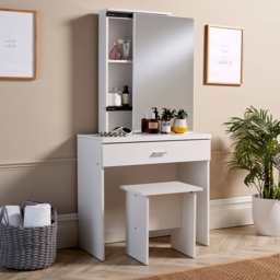 Home Source White Berlin Single Drawer Sliding Vanity Mirror Dressing Table with Stool - thumbnail 3