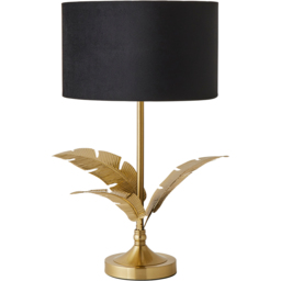 ValueLights Christina Gold Inner Black Velvet Drum Shade Gold Palm Leaf LED Table Lamp