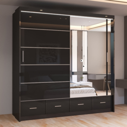 Sliding Wardrobes 4U Sycylia Black 2 Door 4 Drawer High Gloss Mirror Wardrobe