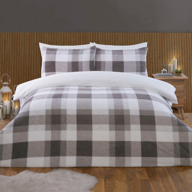 Grey Single Teddy Fleece Check Duvet Set - image 1