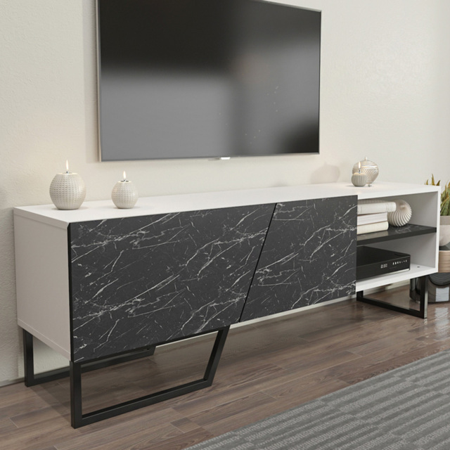 Decorotika Denasse Black Marble Effect and White 2 Door 2 Shelf TV Unit - image 1