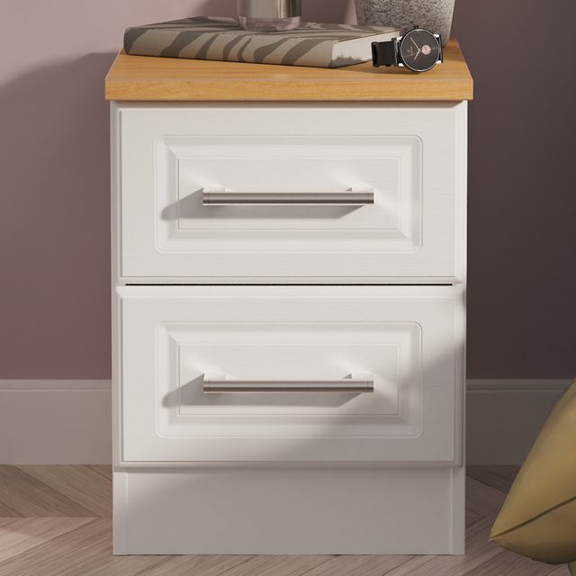 Crowndale Kent White Ash and Modern Oak 2 Drawer Compact Bedside Cabinet Ready Assembled - image 1
