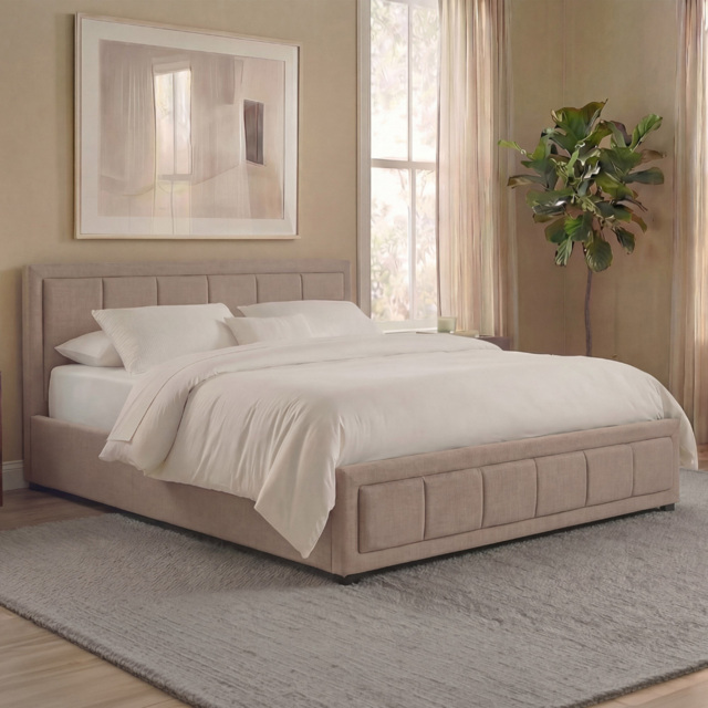 VIDA DESIGNS Vanita Beige Linen King Size Ottoman Bed with Padded Headboard - image 1
