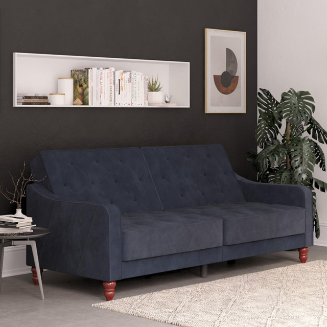 Novogratz Vintage 3 Seater Blue Velvet Tufted Futon - image 1