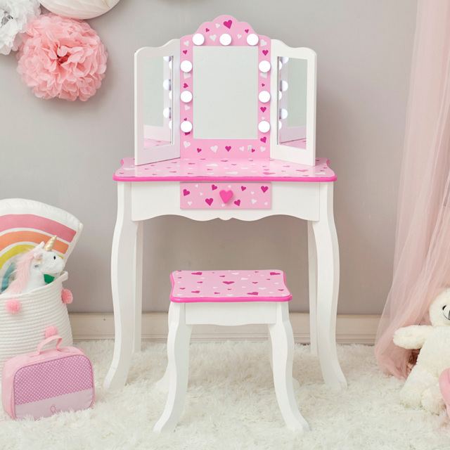 Teamson Kids White and Pink Sweethearts Print Gisele Medium Vanity and stool - image 1
