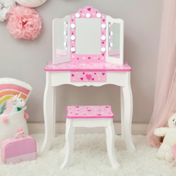 Teamson Kids White and Pink Sweethearts Print Gisele Medium Vanity and stool - thumbnail 1