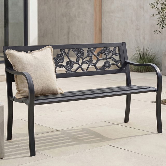 Garden Vida Black 3 Seater Rose Style Steel Garden Bench - image 1