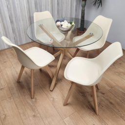 Kosy Koala 4 Seater Glass and Plastic Round Dining Table Set Oak Effect and Cream
