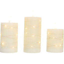 Set of 3 LED Pillar Candles with String Light White