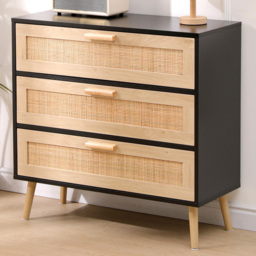 FurnitureHMD Black and Natural 3 Drawer Woven Front Chest of Drawers - thumbnail 1