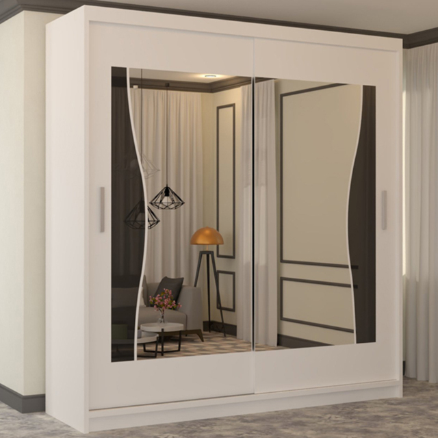 M N Furniture Banton 2 Door White Curved Mirrored Sliding Wardrobe 150cm - image 1