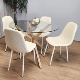 Kosy Koala 4 Seater Glass and Faux Leather Gem Pattern Round Dining Set Cream