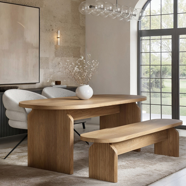 SOLACE+CO Varm Eira Ribbed Wooden 2 Seater Dining Set with Bench - image 1