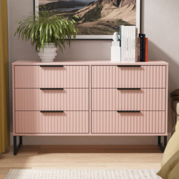 Crowndale Fluted 6 Drawer Kobe Pink Wide Chest of Drawers Ready Assembled - thumbnail 1