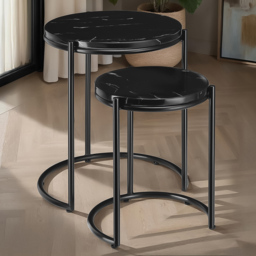 tectake Ellsa Marble Top Round Black Side Table Set of 2 - thumbnail 1