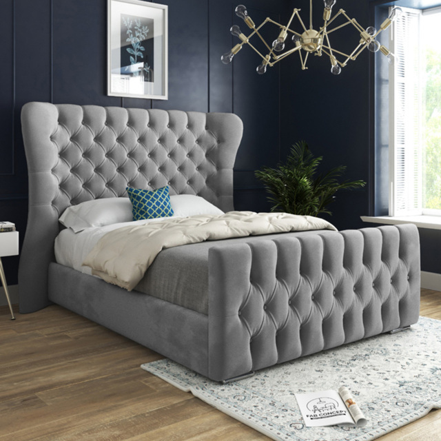 Parma Small Single Grey Soft Velvet Upholstered Bed Frame with Curved Winged Headboard - image 1