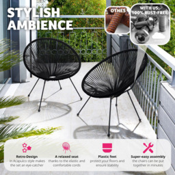 tectake Set of 2 Black Retro Design Garden Chair - thumbnail 3