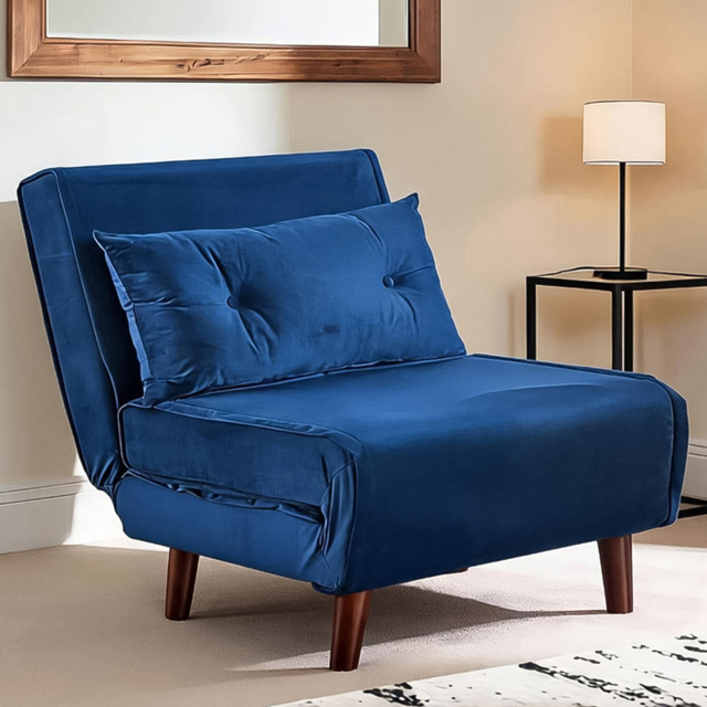 Home Source Single Seater Blue Velvet Sofa Bed with Cushion - image 1