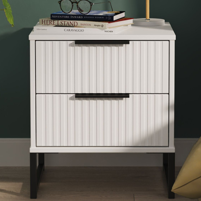Crowndale Fluted 2 Drawer White Matt Compact Bedside Cabinet Ready Assembled - image 1