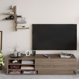 Decorotika Linda Walnut Single Door 3 Shelf TV Unit with 6 Tier Wall Shelf