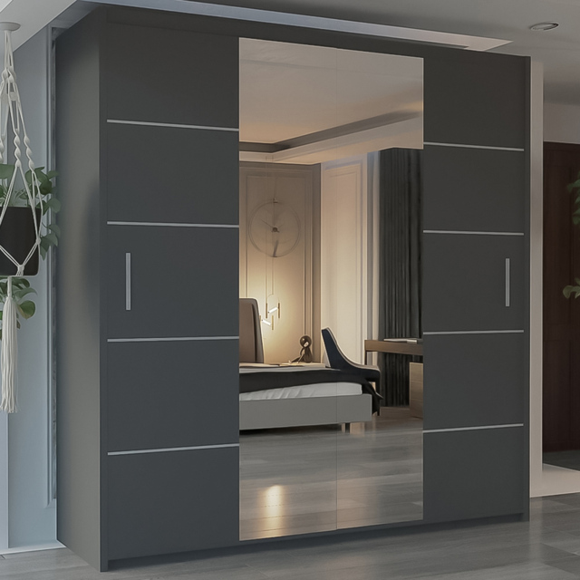 M N Furniture Osaka 2 Door Grey Mirrored Panel Sliding Wardrobe 180cm - image 1