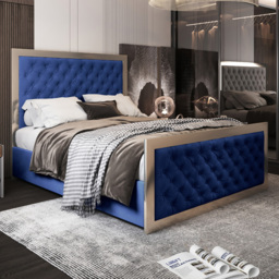 Maddison Blue King Size Velvet Upholstered Metal Bed Frame with Padded Headboard