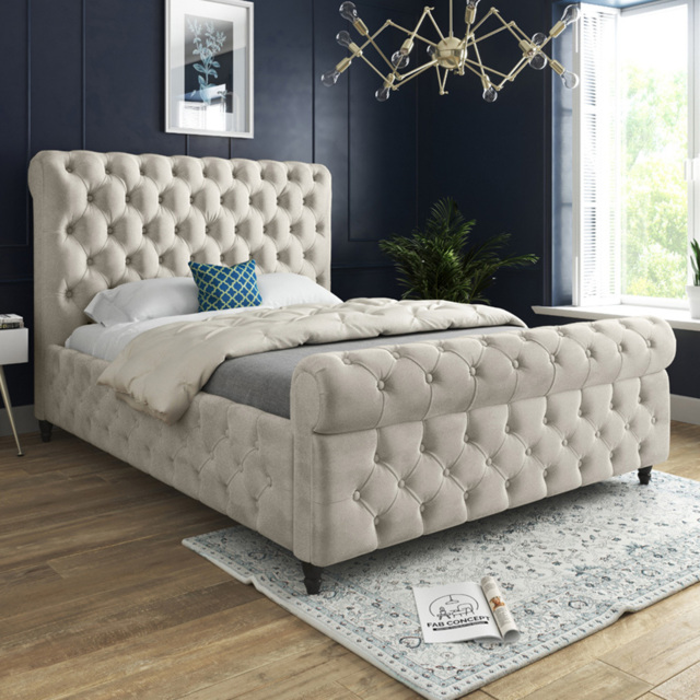 Savana Super King Size Silver Soft Velvet Upholstered Sleigh Bed Frame with Scrolled Headboard - image 1
