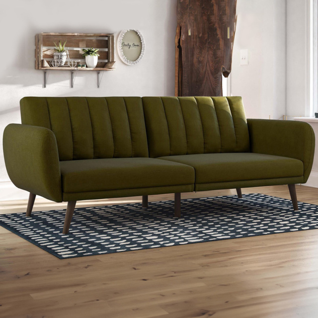 Novogratz Brittany Linen 3 Seater Green Sofa Bed with Wooden Legs - image 1
