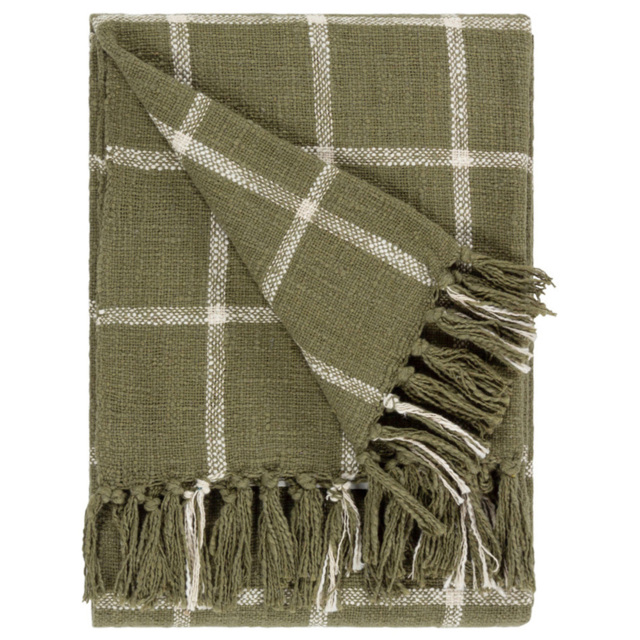 Yard Beni Moss Green and Natural Checked Fringed Throw 130 x 180cm - image 1