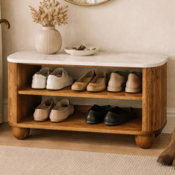 Artisan Furniture Beaumont Golden Teak 2 Shelf Marble Top Mango Wood Shoe Bench